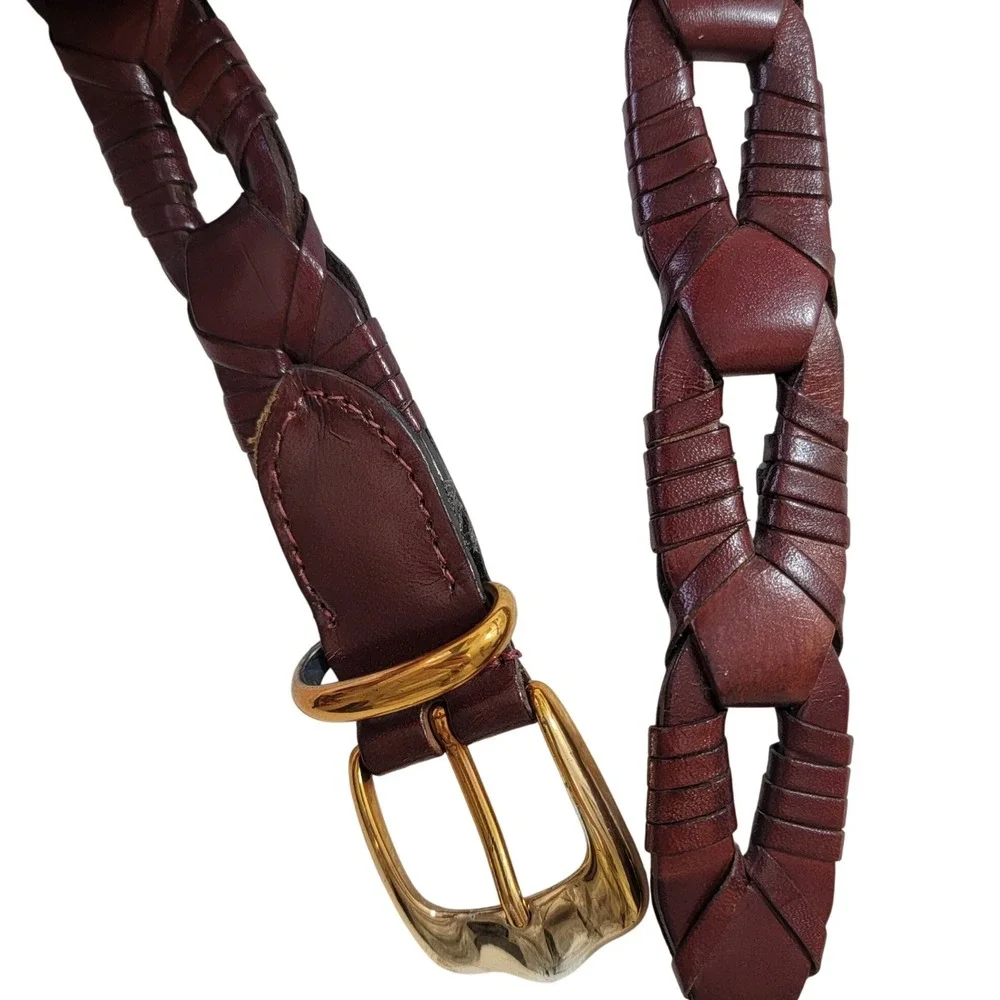 WCM New York Vintage‎ Mahogany Brown Braided Leather Belt Brass Buckle Size M